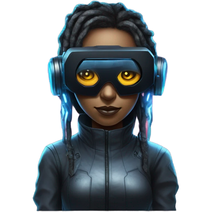 female netrunner, cyberpunk hacker with mechanical glasses, black robot body, black vr headset, eyes covered, blue neon emoji