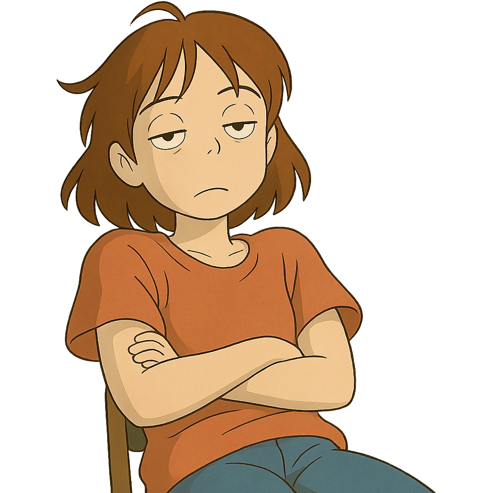 ghibli style character looking bored, leaning back, eyes half-closed emoji
