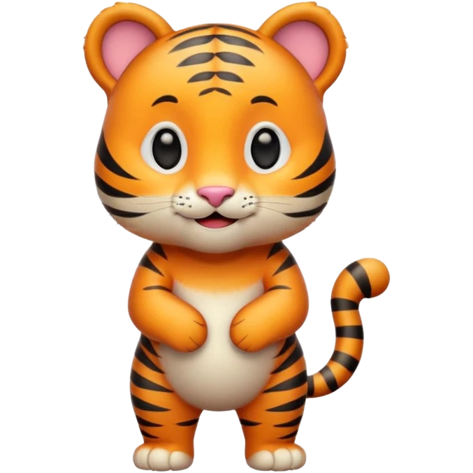 Cute tiger emoji, full body, standing pose, smiling face, big round eyes, orange fur with black stripes, chubby and adorable, short legs, small ears, 3D emoji style, smooth shading, bright colors, simple clean design, transparent background emoji