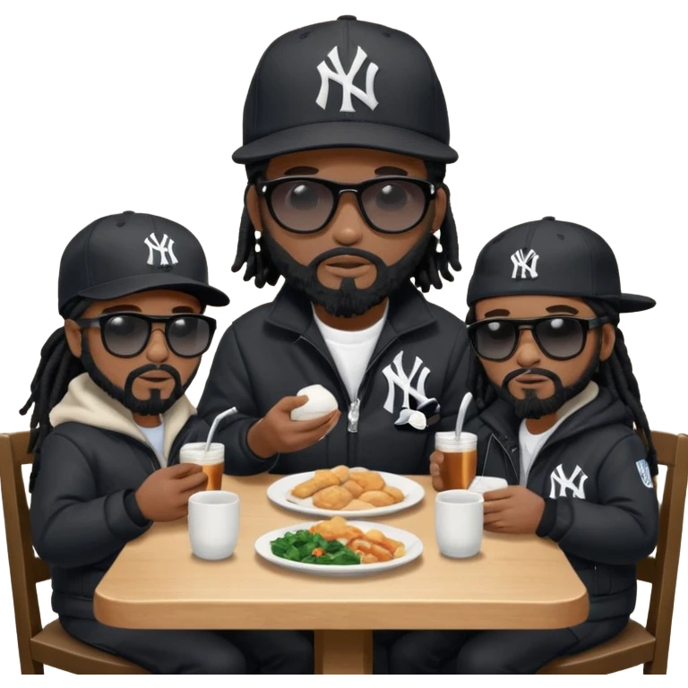 African American man with shoulder length black dreadlocks with black beard wearing black sunglasses wearing a black New York Yankees logo baseball Cap wearing a black bubble winter coat sitting a kitchen table with other men with dreadlocks all sitting in chairs eating dinner at kitchen table emoji