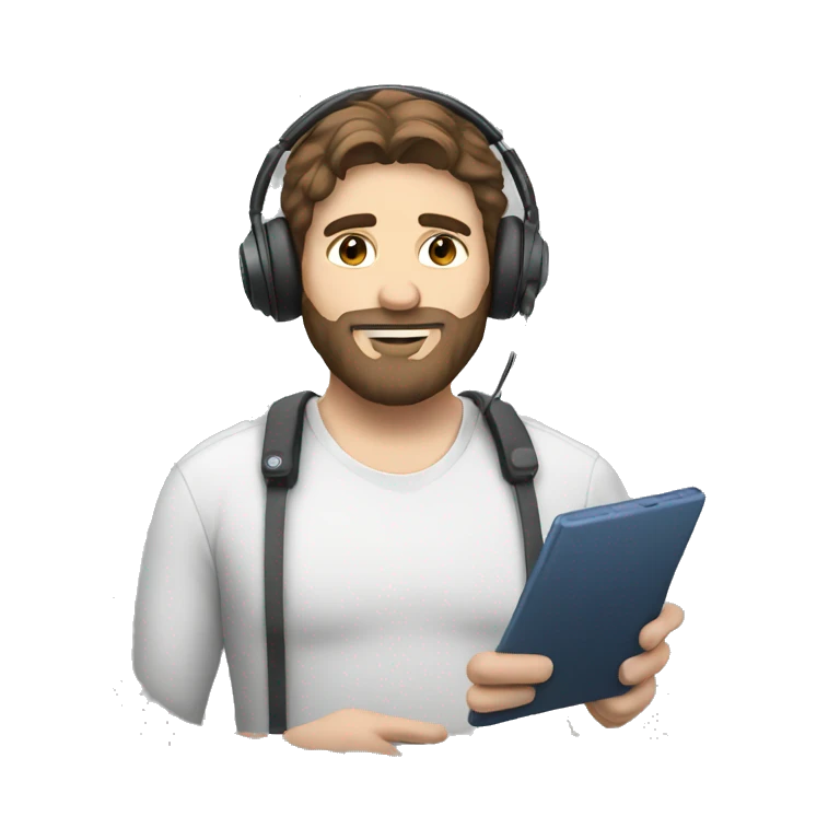 A man with brown hair and beard using a headset emoji