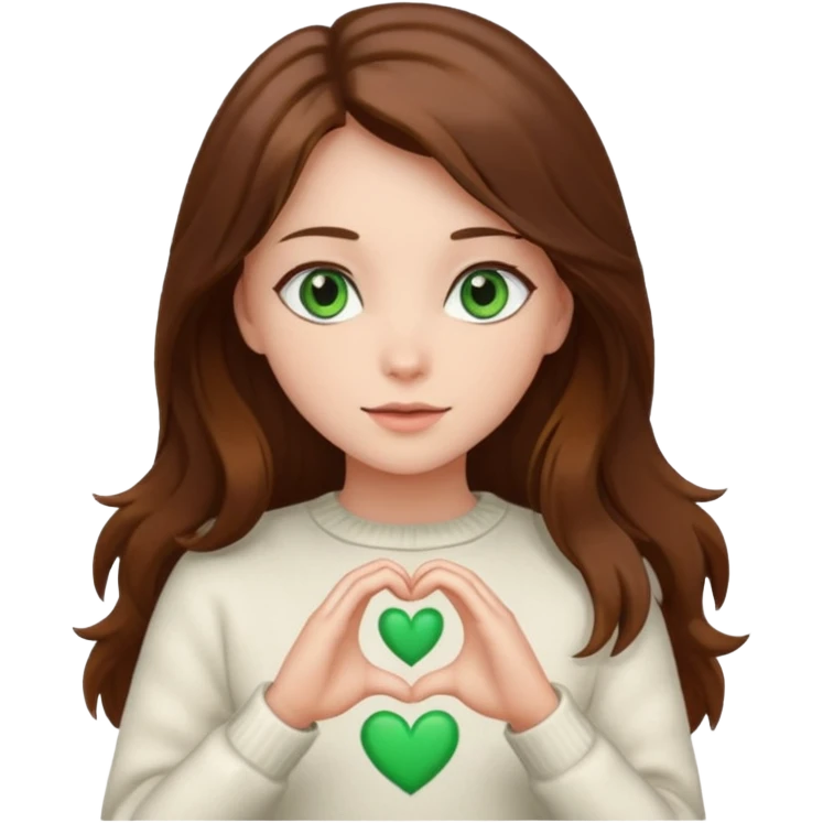 Girl green eyes brown long hair white warm sweater doing hands heart emoji