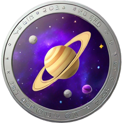 a space-themed coin with a purple saturn on it emoji