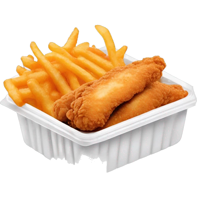 3 chicken tenders with crinkle fries and orange sauce on the side in a styrofoam container styrofoam container emoji