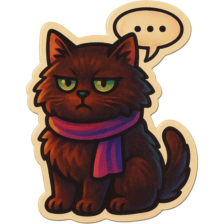 Fluffy dark-brown cat with green eyes and a purple scarf saying ‘…’ with a poker face (with a speech bubble) emoji