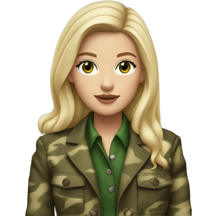 White girl with Long blonde hair and green eyes, camouflage Wool oversize blazer, mini skirt and Brown leather boots  emoji
