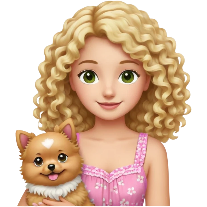 smiling girl with blonde curly hair and brown/Green eyes with a Blond Pomerania in a pink summer dress  emoji