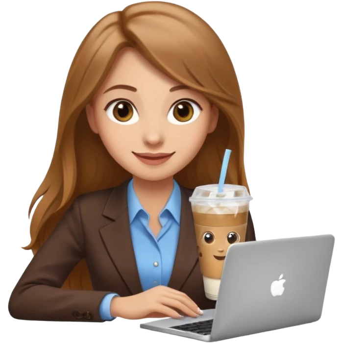 Women in front of laptop with a happy face, long light brown hair, light brown big eyes, light skin with a iced coffee on the side, business attire emoji