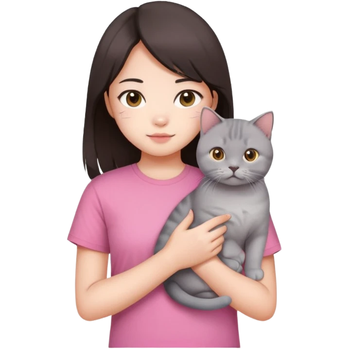 Chinese girl with dark brown half long hair wearing pink t shirt holding a British shorthair cat emoji