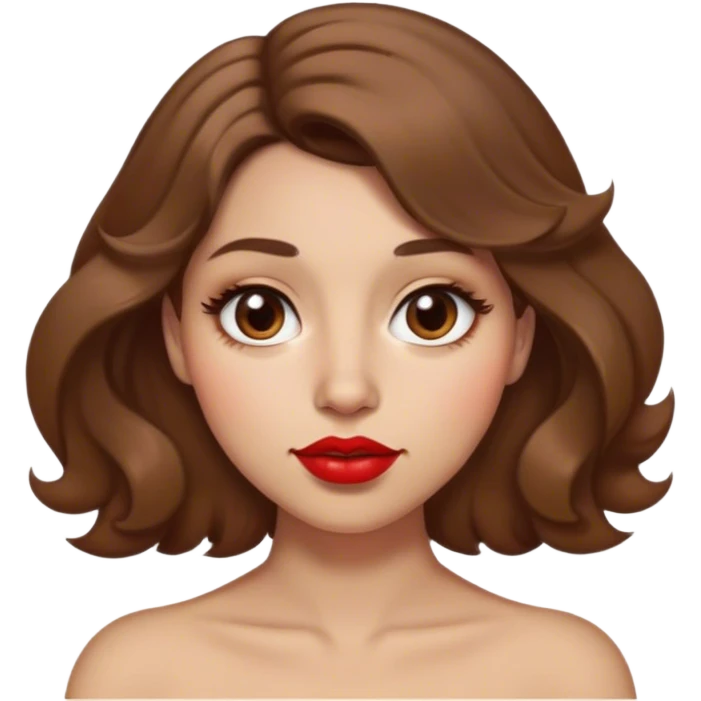 A brown-hair woman slightly curled, with light skin, almond shaped eyes, red lipstick. She has 2 moles : a mole on the right cheek and a mole juste above the lip on the left side emoji