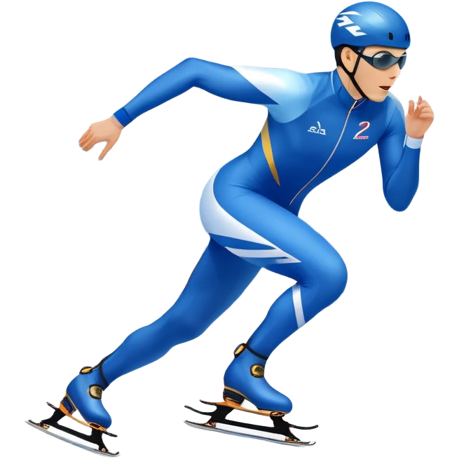 An icon showing a speed skater gliding on a professional oval ice track, captured in mid-motion with aerodynamic posture and sleek skates. The background features snowy mountains, flags, and a clear blue sky. Transparent background reflects the speed and elegance of the sport. emoji