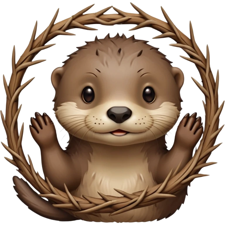 cute otter portrait with thin horizontal thorny branch circling only the forehead, exactly like Jesus Christ's Crown of thorns, no crown shape on top, no metal, just a single wooden thorny stem wrapped horizontally emoji