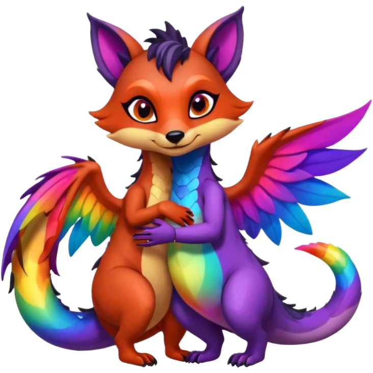 black female raccoon dragon hybrid with rainbow colored wings and purple eyes giving a big hug to a red female fox dragon hybrid with rainbow colored wings and orange eyes emoji