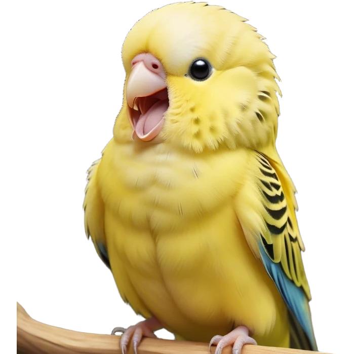 Cinematic Cute Yawning Yellow Budgie Portrait Emoji, Head tilted slightly with a dramatic, wide-open yawn, showcasing a soft, downy yellow feathered fur with gently drooping wings, round dark eyes barely open in drowsy contentment, Simplified yet irresistibly adorable features, highly detailed, glowing with a soft, cozy glow, high shine, relaxed yet expressive, stylized with a touch of whimsy, bright and endearing, soft glowing outline, capturing the essence of a sleepy yet affectionate budgie, so drowsy it feels like it could stretch out of the screen and curl up for a nap! emoji