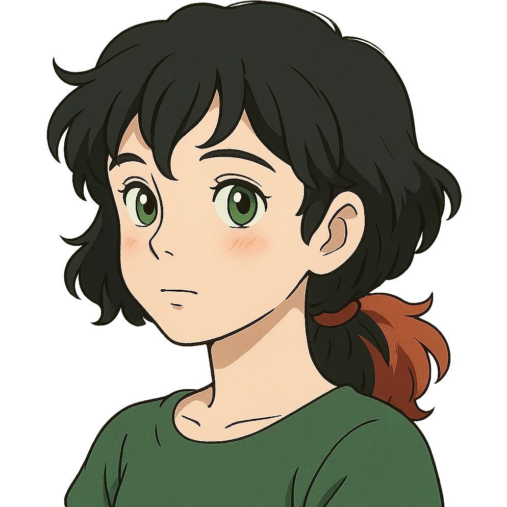 ghibli style girl with green eyes, white skin, wavy black hair, red hair at the back of her neck emoji