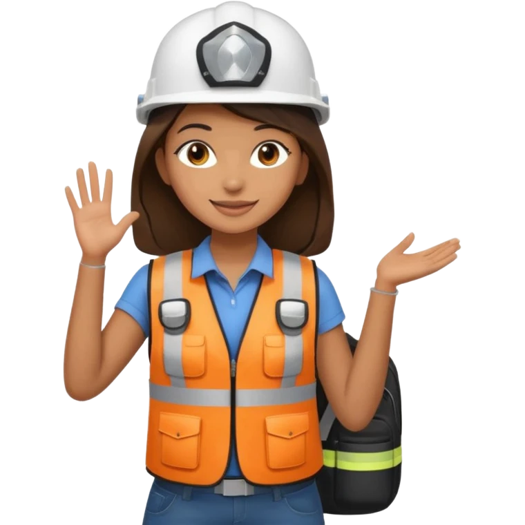 Brunette brown Girl full body standing with her white security helmet and security vest that fits her big on, also with her black backpack emoji