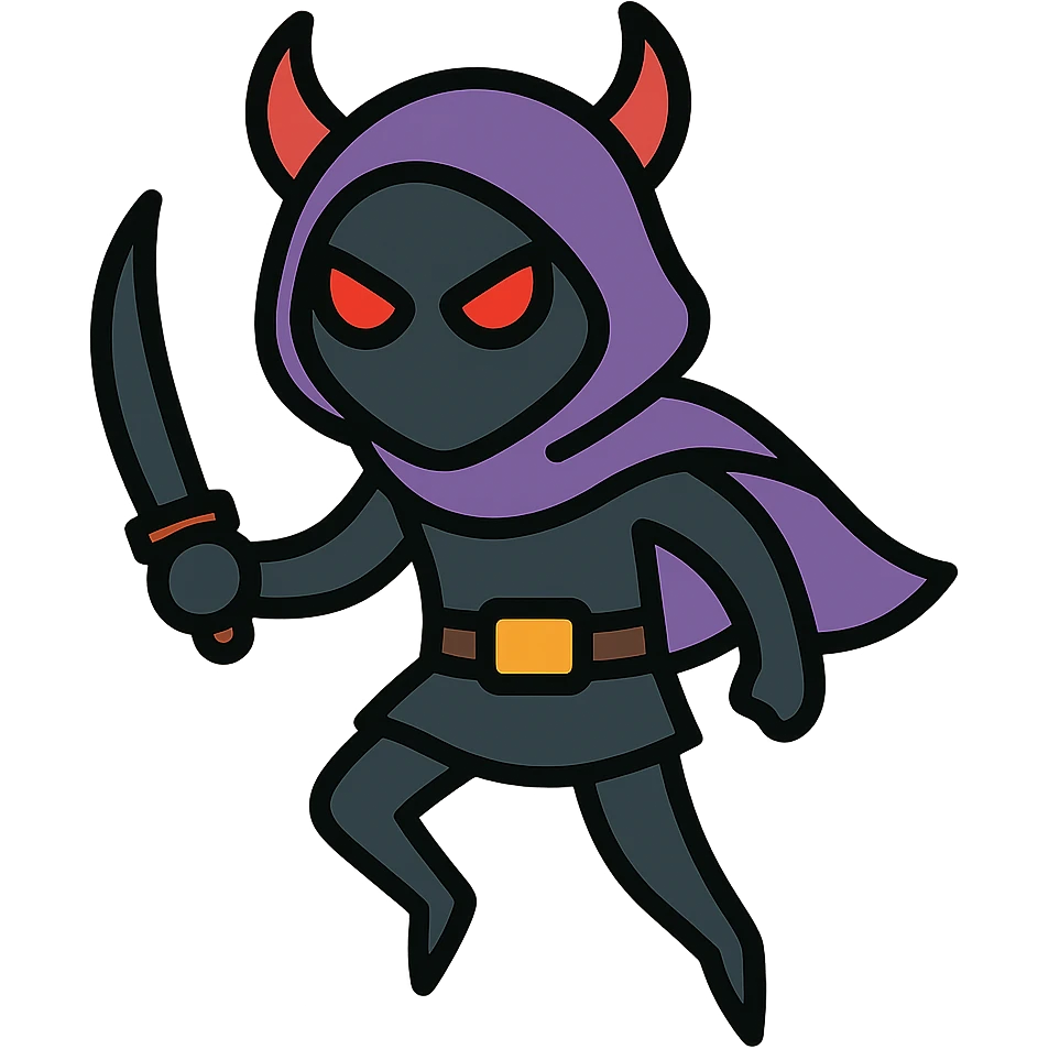 Add intense red glowing eyes to the shadow demon rogue in color outline fantasy style, with no background. emoji