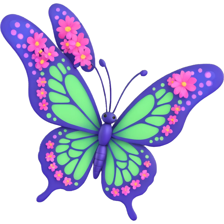 luxurious magical butterfly with vibrant #c0ff53 green wings, elegant purple edges, intricate fine vein patterns, softly glowing wings, surrounded by sparkling dust and magical floating particles, sleek deep blue body, dreamy pink flowers on wing edges, 3D cartoon style, elegant and fantastical emoji