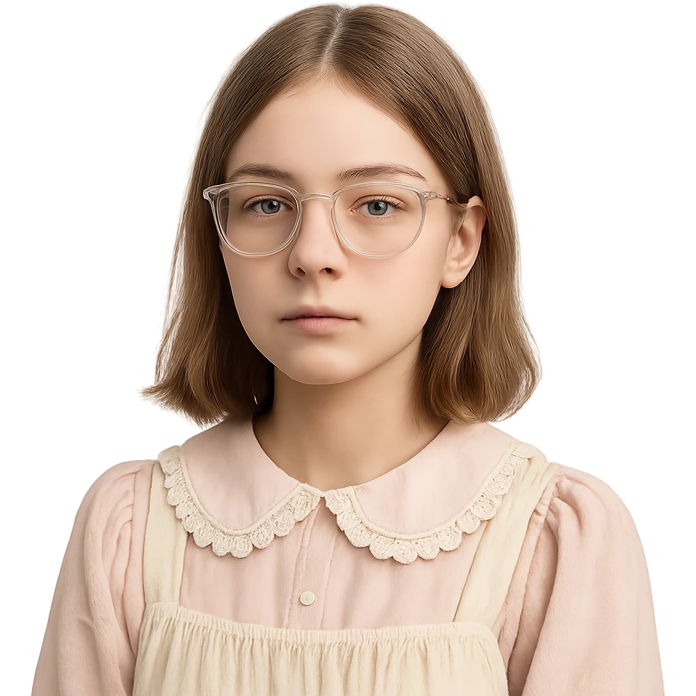 teen girl with clear glasses, shoulder length light brown hair, cute core style, calm expression, no smile emoji