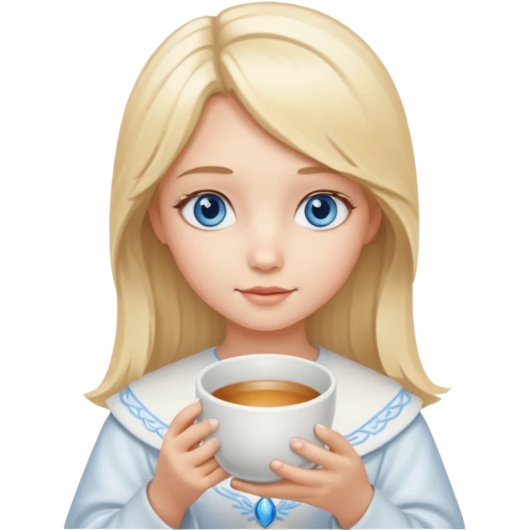 angelic blonde girl with middle length hair and blue eyes holds a cup emoji