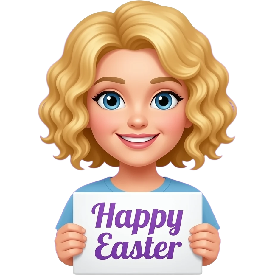 blonde tight curly hair in a short bob holding  happy Easter with  purple easter blouses banner behind emoji