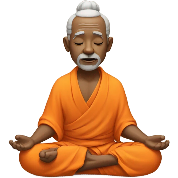 an old yogi with a peaceful and meditative expression. The character should be wearing an orange robe, symbolizing traditional yogic attire. The yogi can be sitting in a lotus position emoji