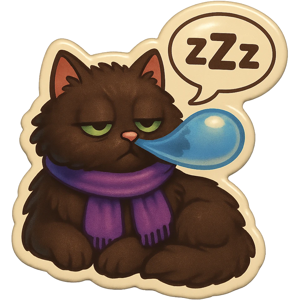 Fluffy cute sleepy dopey tired exhausted dark-brown cat with green eyes and a purple scarf saying ‘zZz’ with a snoring nose bubble (with a speech bubble) emoji