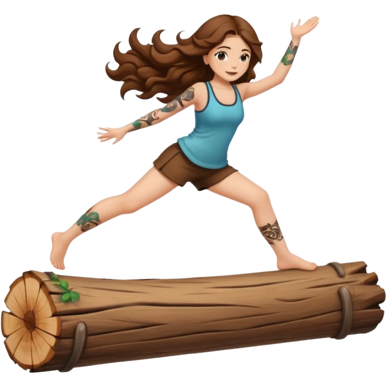 cute woman long wavy brown hair tattoos balancing on log emoji