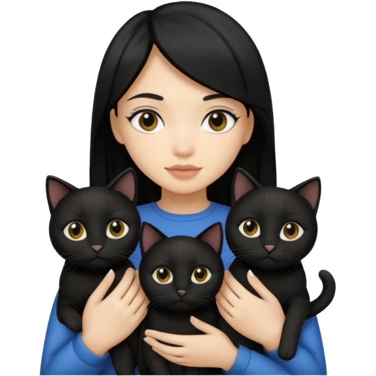 2 light skin tone girls with black straight hair holding 3 black cats emoji