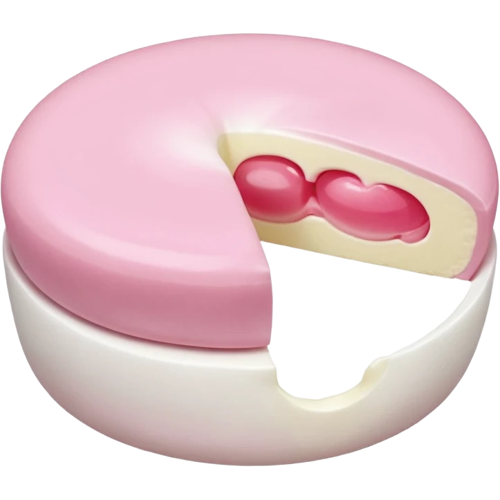 A soft round mochi cut in half, showing pink or red filling inside, white outer layer, smooth and pillowy texture, simple flat design, centered on transparent background. emoji