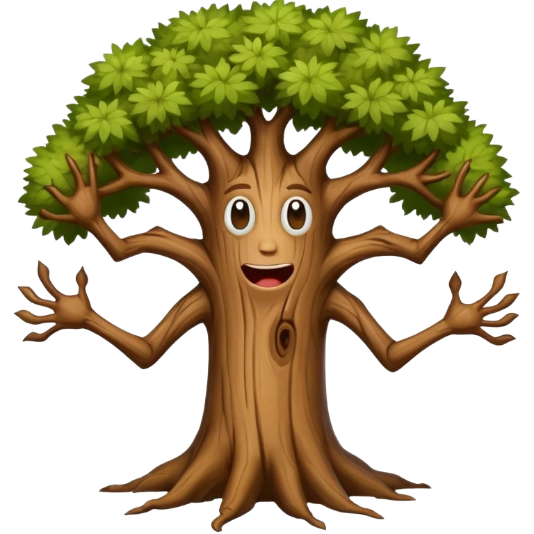 A tree with arms and legs with funny face emoji