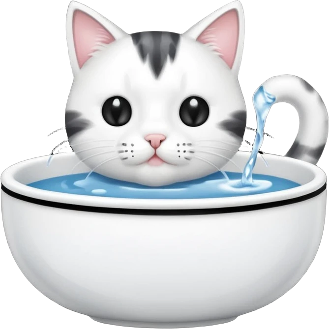 A water bowl with a cat drinking emoji