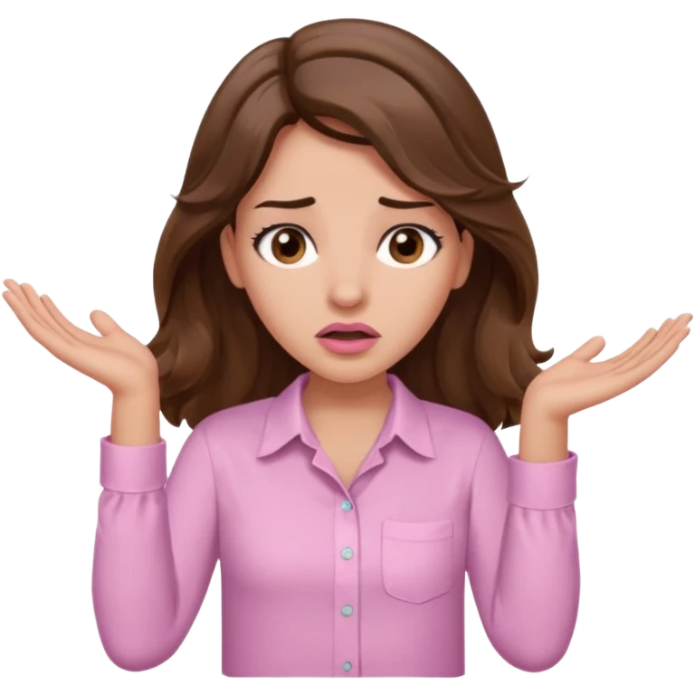 girl with wavy long brown hair, brown eyes, light to medium complexion, long lashes, light pink lipstick, wearing light pink shirt, shrugging with both hands, confused emoji
