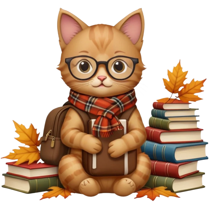 A soft brown kitten with a plaid scarf, tiny bookbag, and glasses, sitting on a stack of books with falling autumn leaves. emoji