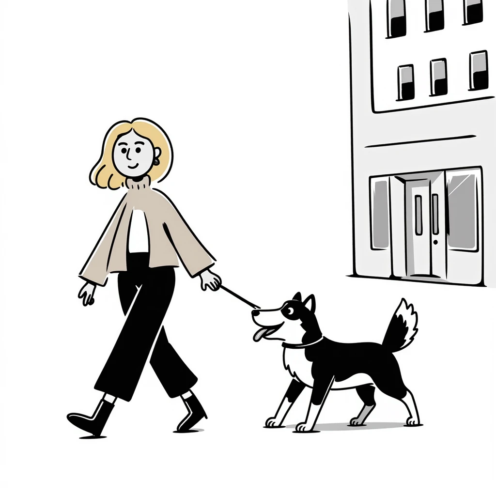Blonde woman wearing a sweater walking a happy Siberian husky in New York City on an upper east side city sidewalk  emoji