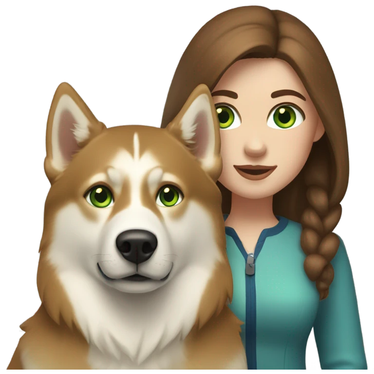 White Woman hair brown and bleus eyes and golden Husky With green eyes emoji