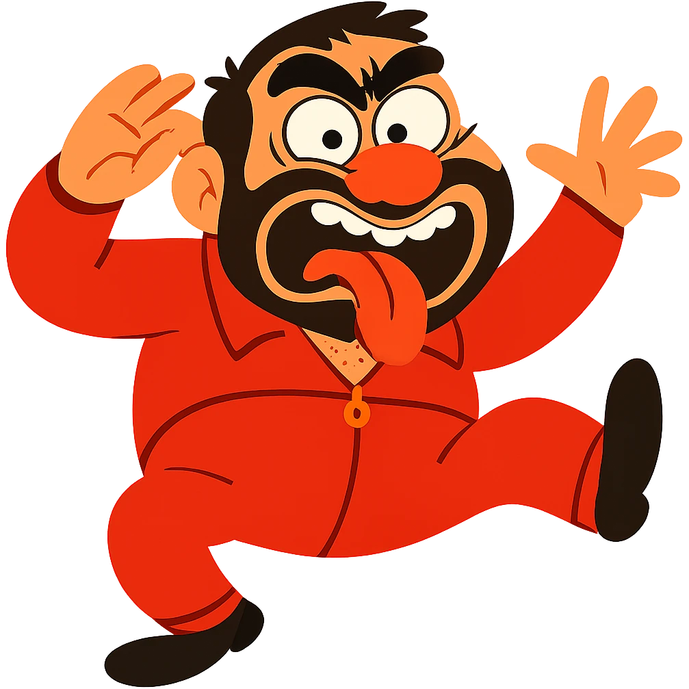 Make Recep İvedik in a much funnier pose with an exaggerated facial expression, wearing a red tracksuit, no background, in vibrant toon style. emoji