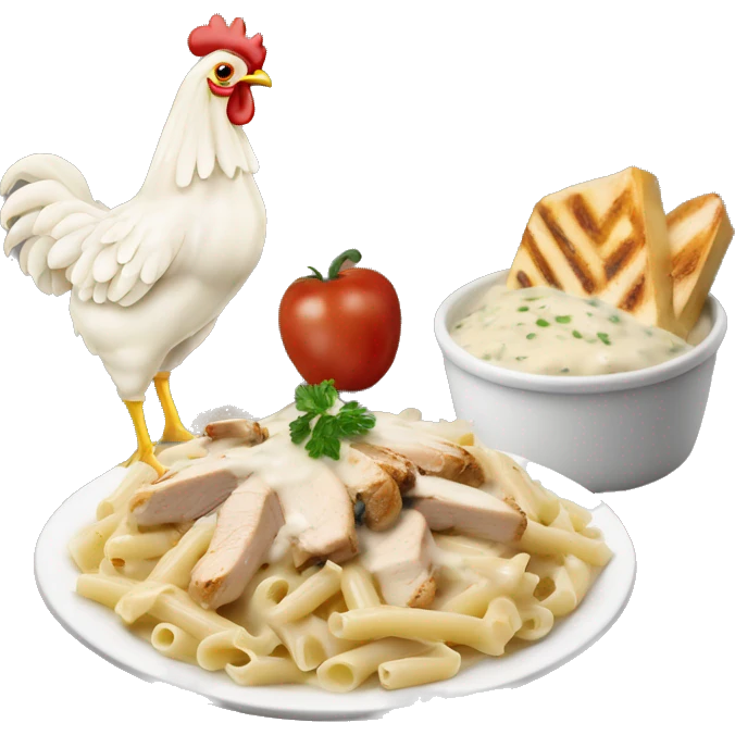 Chicken Alfredo pasta with white crème sauce and grilled chicken on top emoji