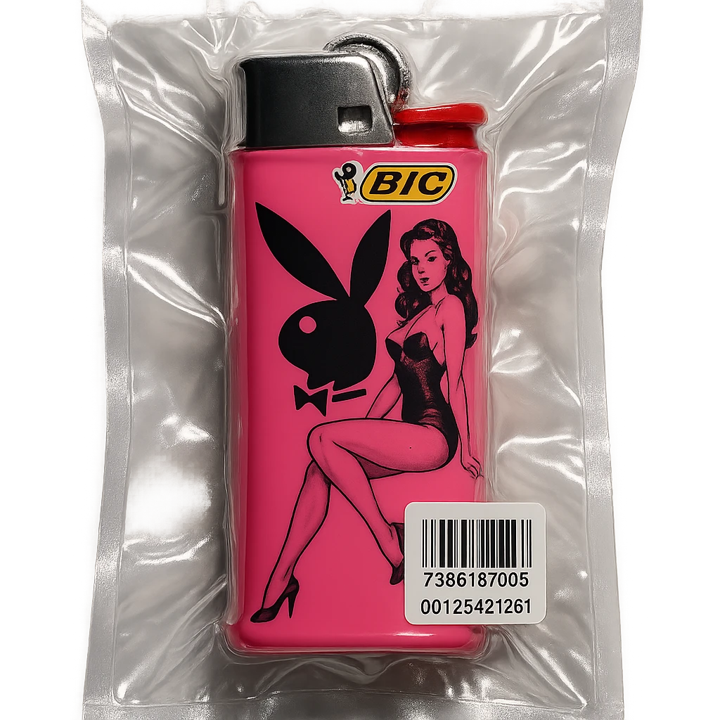 BIC lighter in vacuum-sealed style, shiny and inflated, featuring a stylized Playboy Bunny logo and a pin-up model emoji