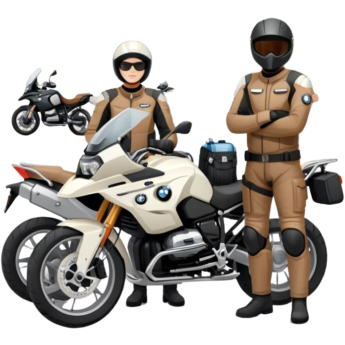 BMW motorcycles parked at a rest stop with riders taking a break emoji