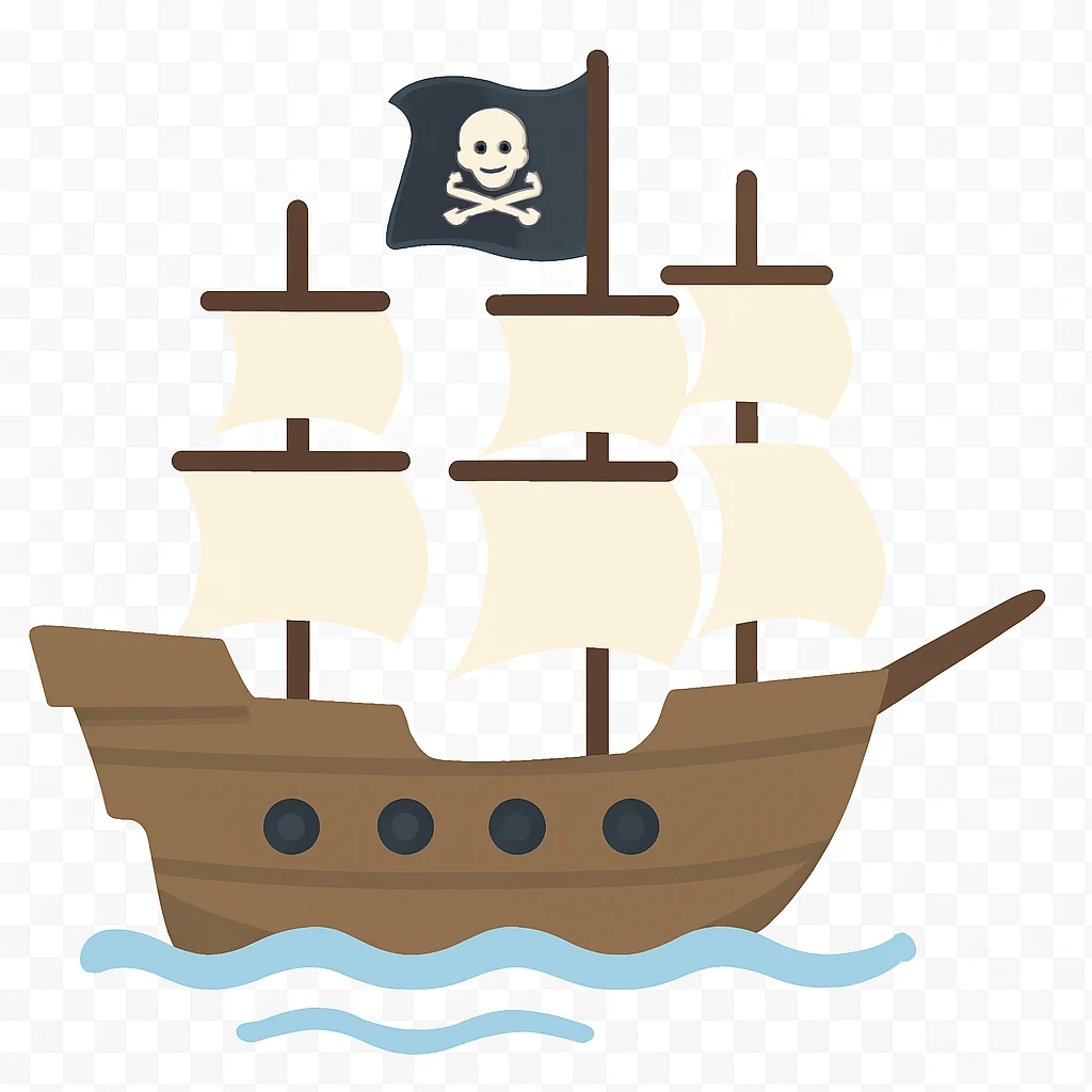 pirate ship with black jolly roger flag, nautical vessel with tall masts and cannons emoji