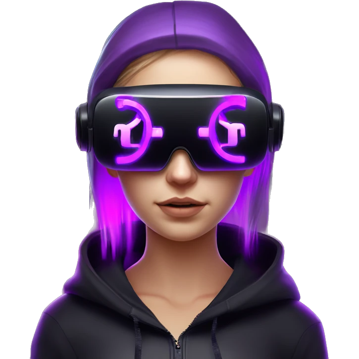Russian girl wearing black hoody with violet letters "OMG", in vr headset oculus quest2. No eyes on headset. Cyberpunk style. Violet neon. emoji