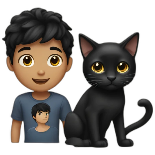 a black-haired boy with a black cat emoji