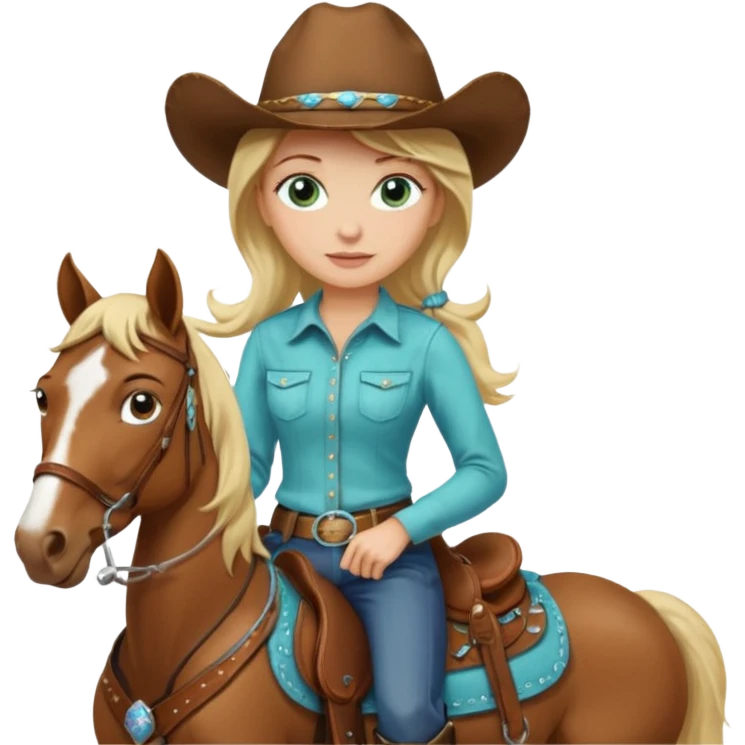 one blonde with light blue green eyes cowgirl on a horse emoji