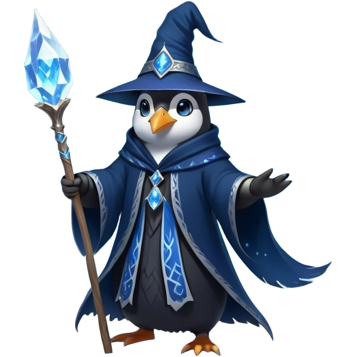 A mysterious penguin mage with sleek midnight-blue feathers, wearing a flowing black robe adorned with silver runes. A tall, pointed wizard hat sits slightly tilted on his head, the brim casting a shadow over his glowing icy-blue eyes. His flipper clutches an ancient wooden staff topped with a swirling crystal, radiating a soft, cold light. Snowflakes drift around him as he stands on a frozen cliff, his aura crackling with arcane energy, ready to summon a blizzard with a flick of his staff. emoji