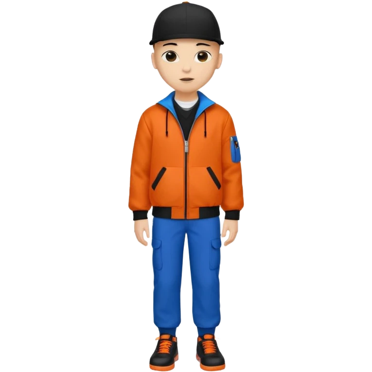 bald 16 year old wearing a black cap and a orange jacket but the collar is a letter v connecting until the bottom and the outline is black and black pocket and blue pants with red pockets and black shoes emoji