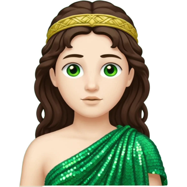 Juno from Roman Deities with long dark brown hair, green sequin toga emoji