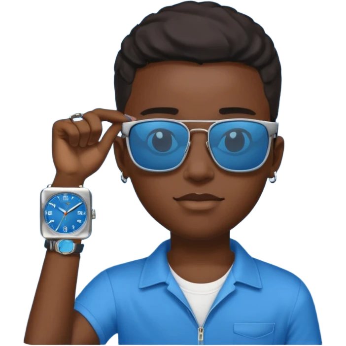 Un garçon noir avec des lunettes de soleil un peu bleu avec un cadran plutôt carré et SANS QU’ON VOIT SES YEUX. Et au dessus de sa tête il y a écrit BOUSs on dois pas voir ses yeux emoji
