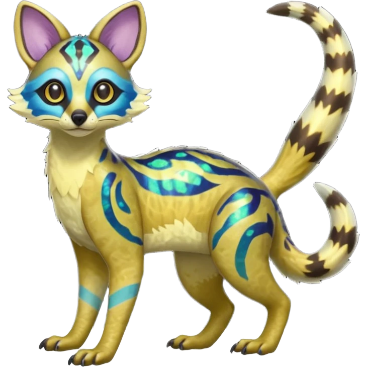 Rare realistic neon-colored iridescent shiny warm-colored lush tropical exotic cute edgy epic pretty beautiful handsome gorgeous aesthetic colorful vibrant Vernid-Protogen-Primagen-Wickerbeast-Genet-Trico-species-Fakemon-hybrid-creature by LiLaiRa, beautiful intricate markings, full body emoji