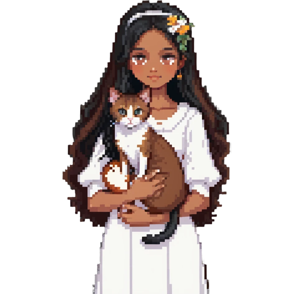 beautiful girl with long black hair wearing a white dress holding an Abyssinian cat with reddish-brown fur in her arms emoji